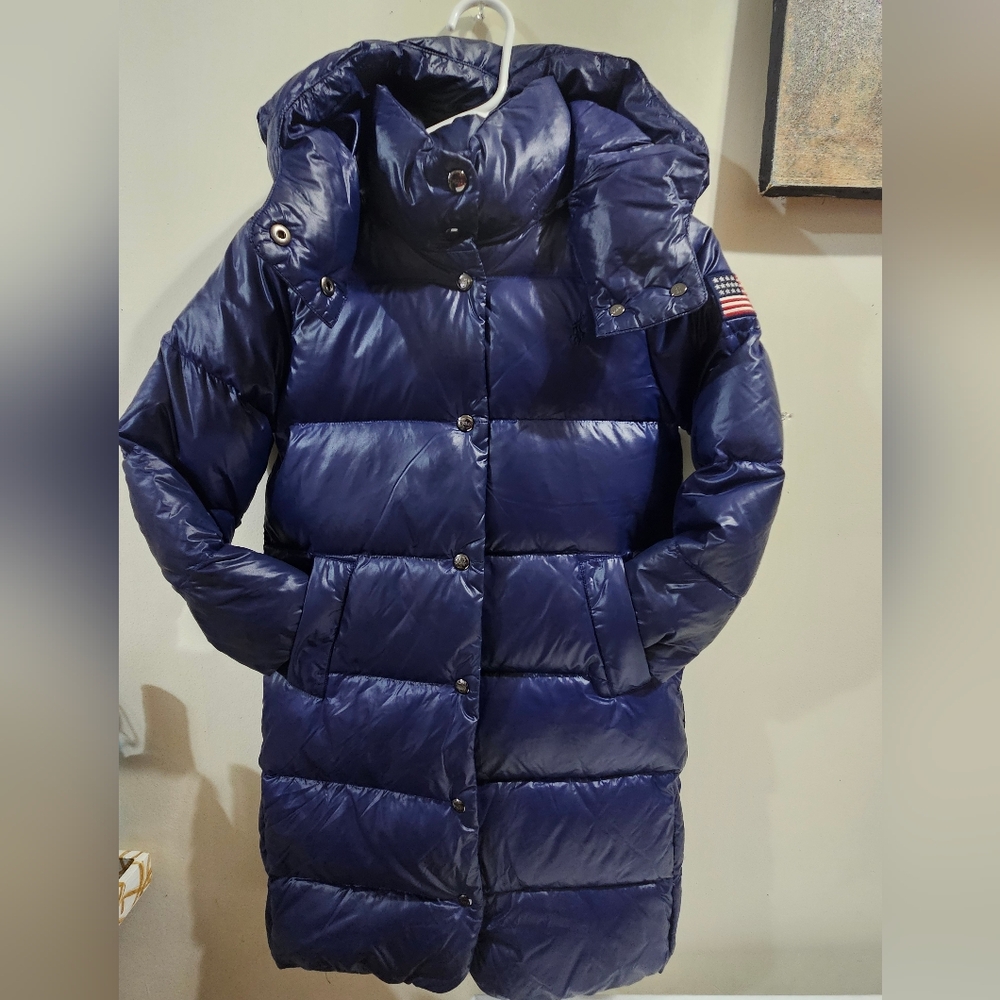 Beautiful Ralph Lauren Girl Navy Down Hooded Long Puffer Jacket